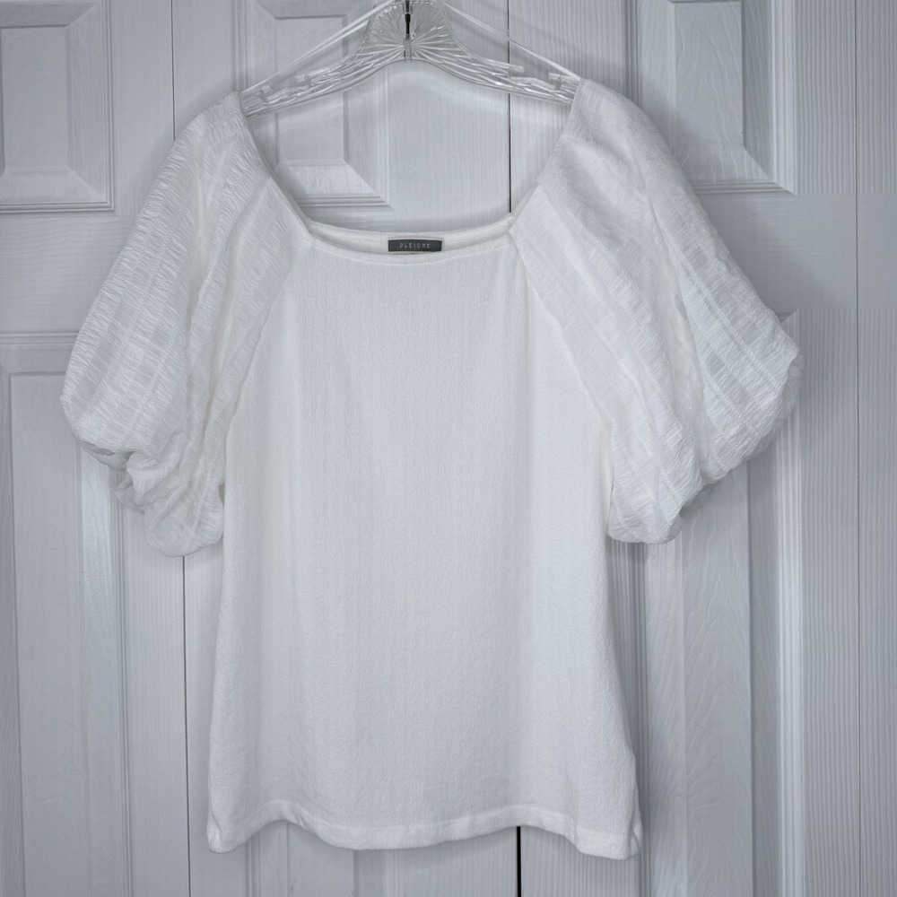 PLEIONE‎ Anthropologie White Bubble Sleeve Top Blouse L Puff Short Sleeve